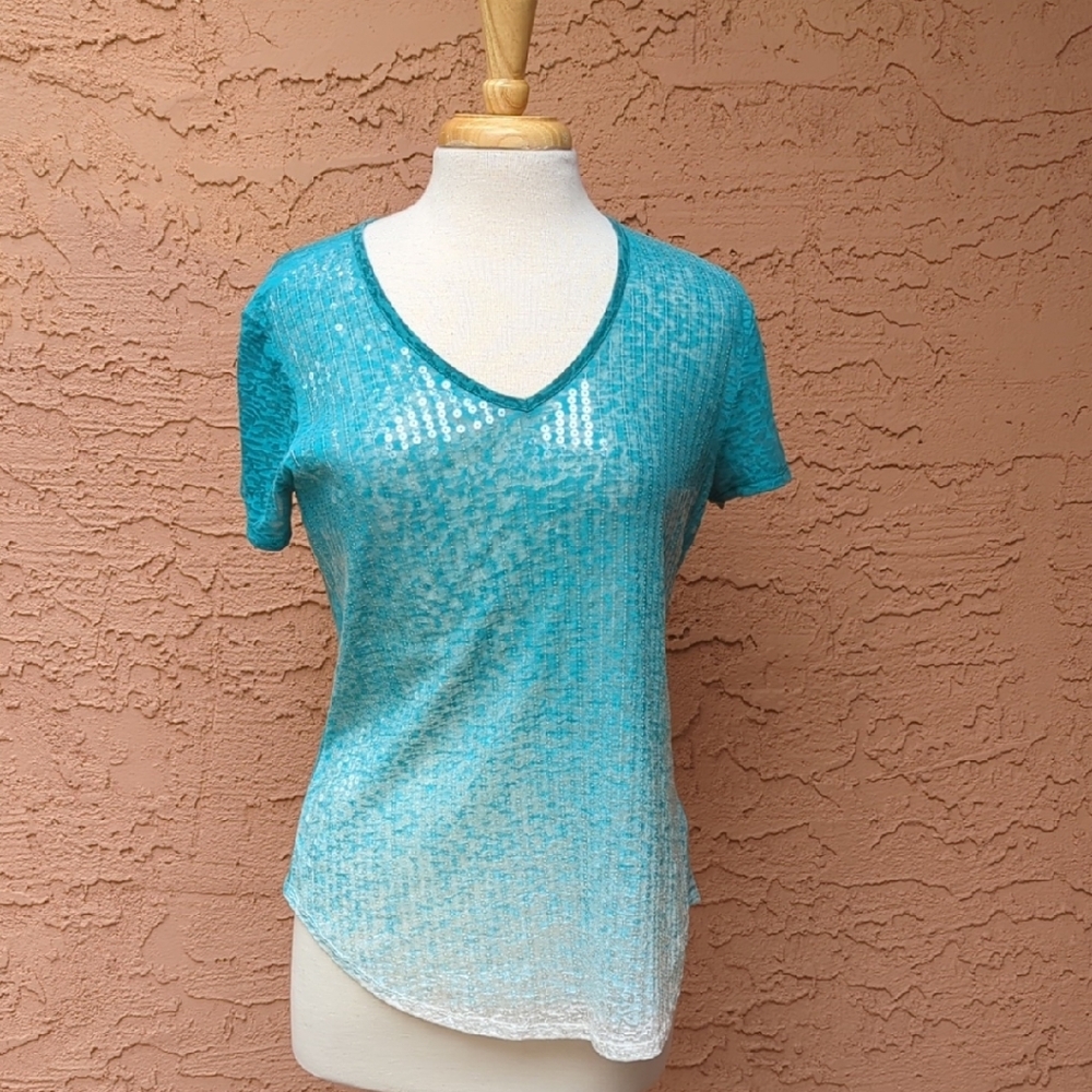 Reba Teal Ombre Short Sleeve V-Neck Sequin Top